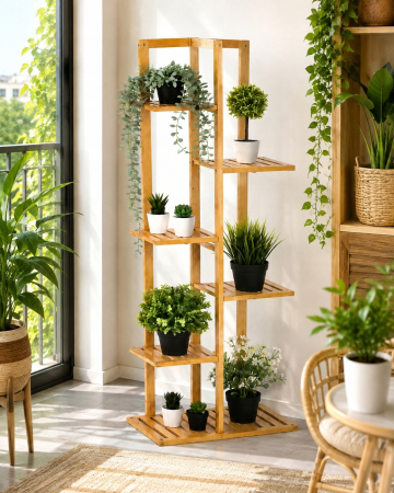 Suport pentru plante si ghivece cu 6 niveluri, din bambus natural, design vertical cu rafturi asimetrice pentru expunerea plantelor la diferite inalti [6]