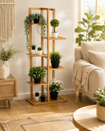 Suport pentru plante si ghivece cu 6 niveluri, din bambus natural, design vertical cu rafturi asimetrice pentru expunerea plantelor la diferite inalti [4]