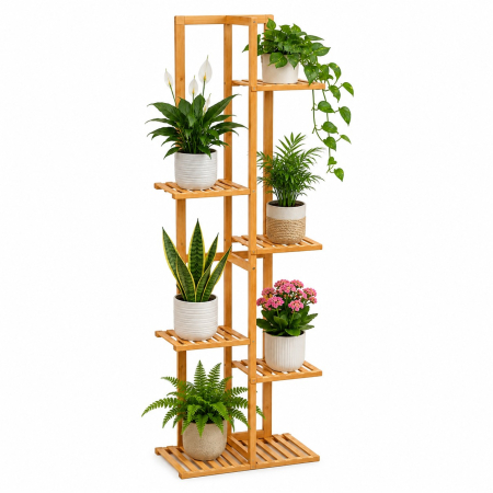 Living & hol - Suport pentru plante si ghivece cu 6 niveluri, din bambus natural, design vertical cu rafturi asimetrice pentru expunerea plantelor la diferite inalti