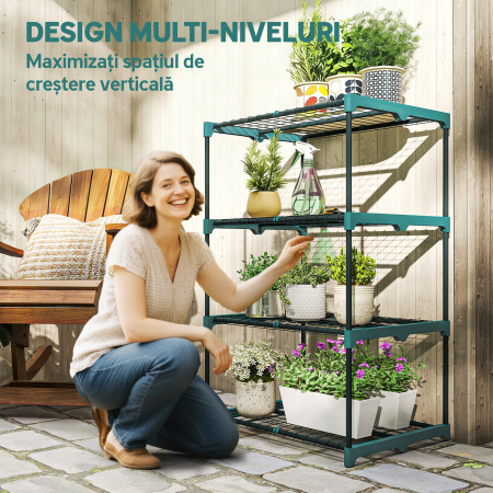  Suport pentru Plante Vertical cu 4 Niveluri din Otel si Plastic, Suport Ghivece pentru Interior si Exterior, Gradina Balcon, 67x49x105 cm, Verde inchis [3]