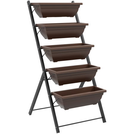 Living & hol -  Suport pentru plante vertical pe 5 niveluri cu 5 ghivece cu orificii pentru drenaj, din otel si PE, 55x63x120 cm, maro