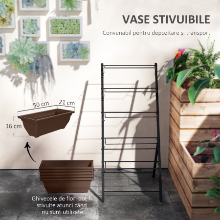  Suport pentru plante vertical pe 5 niveluri cu 5 ghivece cu orificii pentru drenaj, din otel si PE, 55x63x120 cm, maro [4]