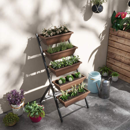  Suport pentru plante vertical pe 5 niveluri cu 5 ghivece cu orificii pentru drenaj, din otel si PE, 55x63x120 cm, maro [7]