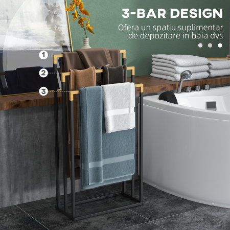  Suport pentru Prosoape cu 3 Bare din Bambus si Otel cu Design Autoportant, 45x22.5x86 cm, Negru si Lemn Natur [3]