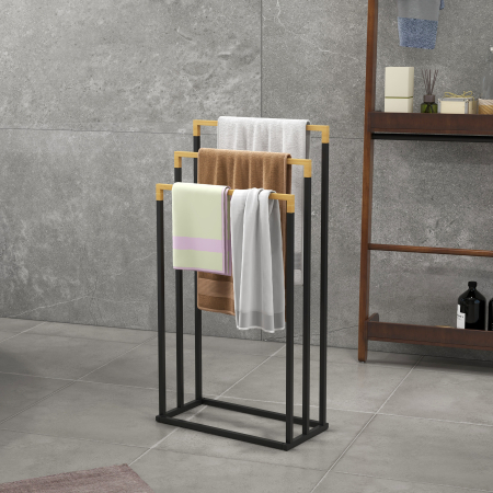  Suport pentru Prosoape cu 3 Bare din Bambus si Otel cu Design Autoportant, 45x22.5x86 cm, Negru si Lemn Natur [1]