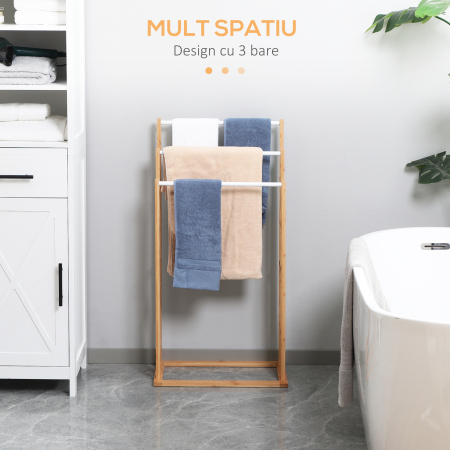  Suport pentru prosoape din bambus cu 3 bare, suport pentru prosoape pe trei niveluri care economiseste spatiu pentru baie si spalatorie, natural [3]