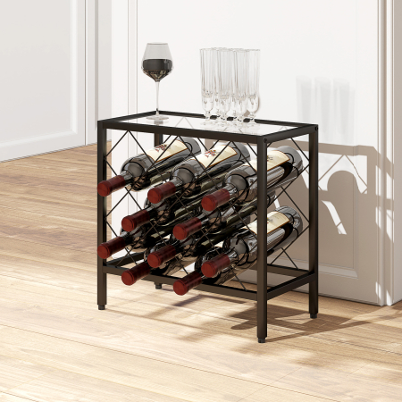  Suport pentru Sticle de Vin cu Blat din Sticla Securizata si Cadru din Otel, 41x22x41 cm, Negru [1]
