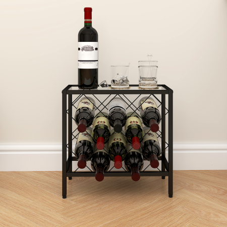  Suport pentru Sticle de Vin cu Blat din Sticla Securizata si Cadru din Otel, 41x22x41 cm, Negru [7]