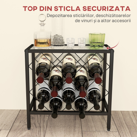  Suport pentru Sticle de Vin cu Blat din Sticla Securizata si Cadru din Otel, 41x22x41 cm, Negru [4]