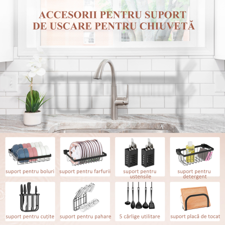  Suport pentru Vase Modulabil de Chiuveta cu 2 Niveluri, Picioare Antialunecare, din Otel, 65x31,5x52,5 cm, Negru [4]