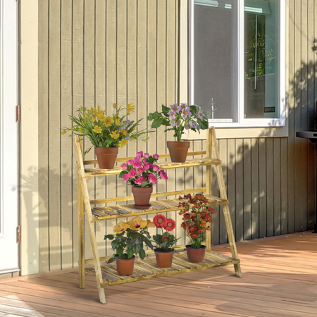  Suport Pliabil pentru Plante din Lemn de Brad cu 3 Nivele, 100x37x93 cm, Lemn Natural [1]