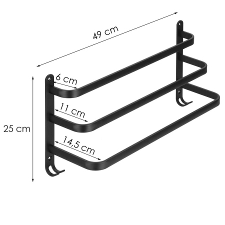 Suport prosoape pentru baie cu 2 sisteme de instalare, 3 brate, din aluminiu, 49x25cm, negru [17]