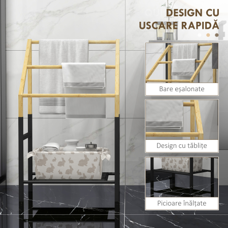  Suport Prosoape Podea - Negru, cu 3 Bare & Raft Inferior [5]