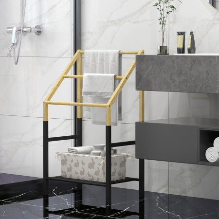  Suport Prosoape Podea - Negru, cu 3 Bare & Raft Inferior [1]