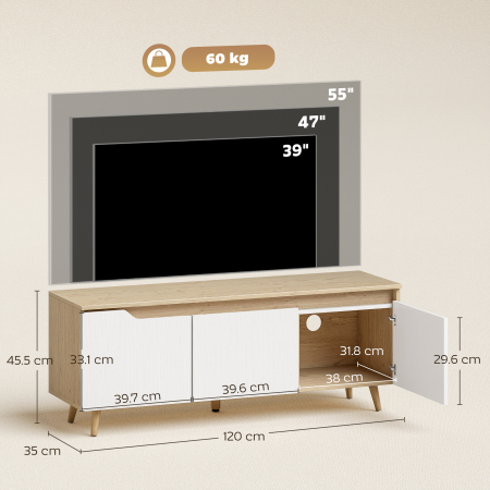  Suport TV, Mobilier TV pentru Televizoare de pana la 55", cu 3 Compartimente si Raft Reglabil, Mobilier pentru Living cu 5 Picioare din Lemn, Stejar si Alb [2]