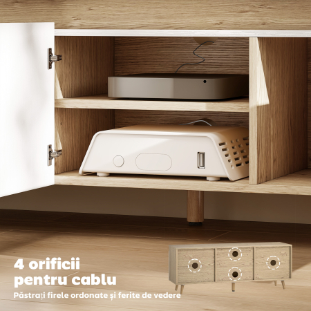  Suport TV, Mobilier TV pentru Televizoare de pana la 55", cu 3 Compartimente si Raft Reglabil, Mobilier pentru Living cu 5 Picioare din Lemn, Stejar si Alb [5]