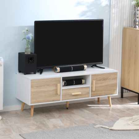  Suport TV modern pentru televizoare de pana la 46", Unitate TV cu dulapuri si sertar, consola media cu usa pentru sufragerie, stejar [1]