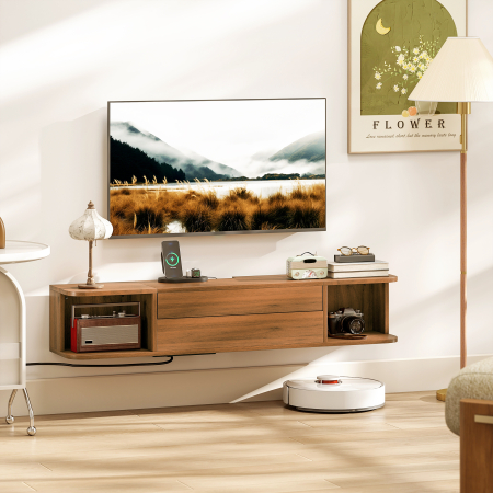  Suport TV suspendat pana la 50" cu prize de curent, USB si tip C, sertar si rafturi, 120x24x22.4 cm, Nuc [1]