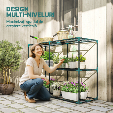  Suport Vertical pentru Plante cu 3 Niveluri din Otel si Plastic, Suport Ghivece pentru Interior si Exterior Gradina Balcon, 143x48x100 cm, Verde inchis [3]