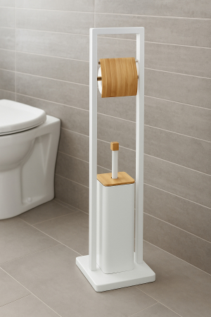 Suport WC cu perie 5Five Natureo, cu suport hartie igienica, metal si bambus, 20x20x80 cm, alb [1]