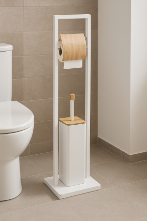 Suport WC cu perie 5Five Natureo, cu suport hartie igienica, metal si bambus, 20x20x80 cm, alb [2]