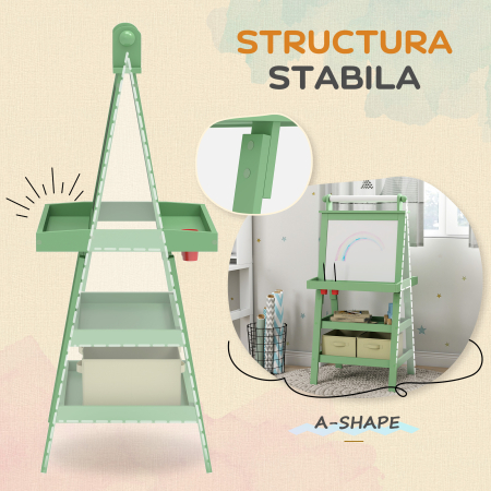  Tabla pentru Copii cu sevalet 3 in 1, Sul de Hartie si 2 Recipiente, din Lemn, 59x48x118 cm, Verde [6]