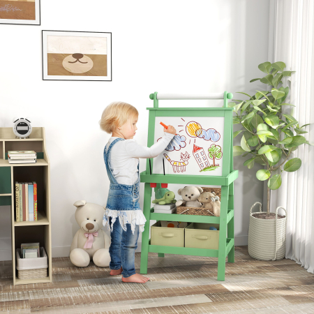  Tabla pentru Copii cu sevalet 3 in 1, Sul de Hartie si 2 Recipiente, din Lemn, 59x48x118 cm, Verde [1]