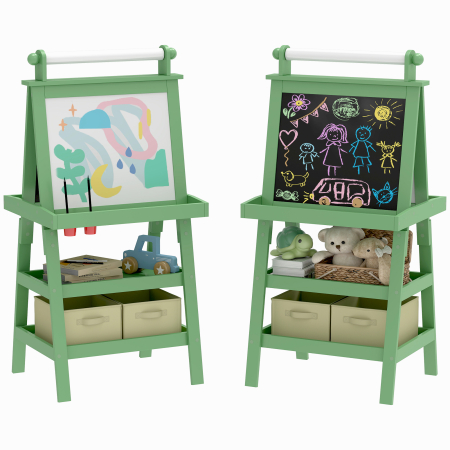 Dormitor & birou -  Tabla pentru Copii cu sevalet 3 in 1, Sul de Hartie si 2 Recipiente, din Lemn, 59x48x118 cm, Verde