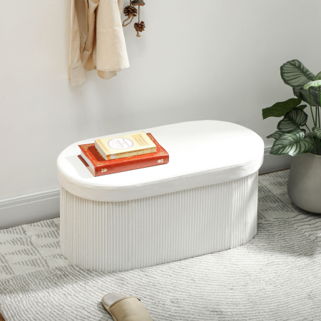 Taburet cu Spatiu de Depozitare Pliabil , Banca Moderna Tapitata cu Catifea, Suport pentru Picioare cu Compartiment de 72L pentru Sufragerie si Dormitor, 76x38x35 cm, Crem [1]