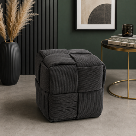 Taburet cub, tapitat cu material reiat, design impletit, 34x34x34 cm, gri [3]