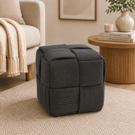 Taburet cub, tapitat cu material reiat, design impletit, 34x34x34 cm, gri [2]
