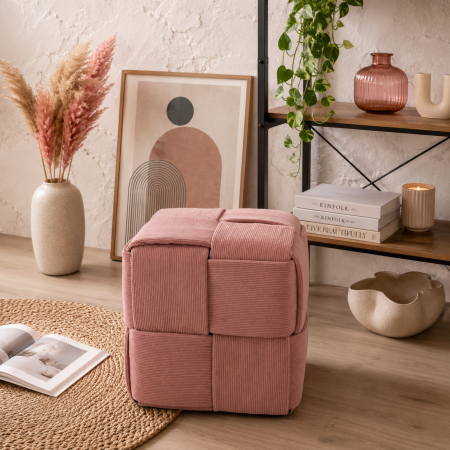 Taburet cub, tapitat cu material reiat, design impletit, 39x39x39 cm, roz [3]