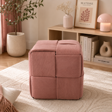 Taburet cub, tapitat cu material reiat, design impletit, 39x39x39 cm, roz [1]