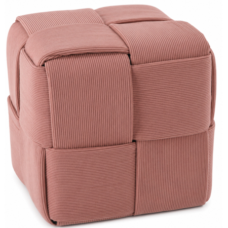 Living & hol - Taburet cub, tapitat cu material reiat, design impletit, 39x39x39 cm, roz