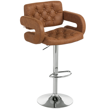 Scaune bucatarie & living -  Taburet de Bar cu inaltime Reglabila, Scaun inalt din PU cu Spatar, Suport pentru Picioare, Cotiere si sezut Moale, Structura din Otel, Rotativ la 360°, pentru Bucatarie, Maro