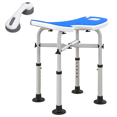 Baie -  Taburet de dus reglabil pe inaltime cu maner, sezut captusit in forma de U si picioare antiderapante, albastru