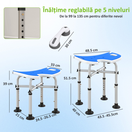  Taburet de dus reglabil pe inaltime cu maner, sezut captusit in forma de U si picioare antiderapante, albastru [2]
