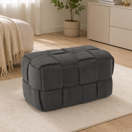 Taburet dreptunghiular tapitat cu material reiat, design impletit, 52x28x28 cm, gri inchis [1]