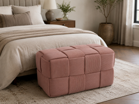 Taburet dreptunghiular tapitat cu material reiat, design impletit, 72x38x38 cm, roz [2]