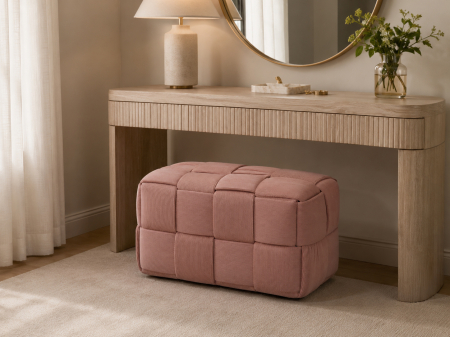 Taburet dreptunghiular tapitat cu material reiat, design impletit, 72x38x38 cm, roz [1]