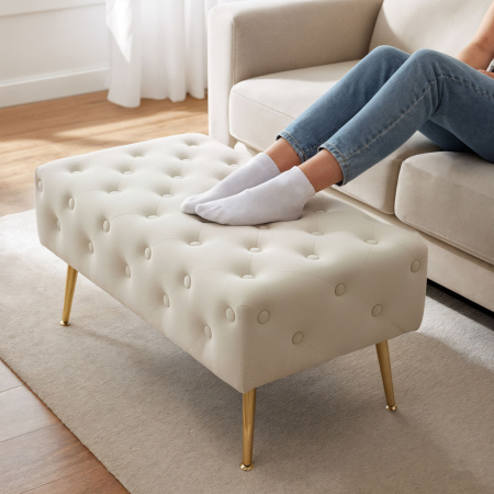 Taburet Madrid, tapitat cu catifea, tip banca, cu picioare metalice, 80x42x41 cm, bej [4]