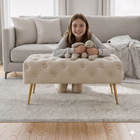 Taburet Madrid, tapitat cu catifea, tip banca, cu picioare metalice, 80x42x41 cm, bej [6]
