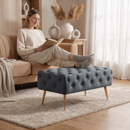 Taburet Madrid, tapitat cu catifea, tip banca, cu picioare metalice, 80x42x41 cm, gri [5]