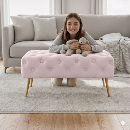 Taburet Madrid, tapitat cu catifea, tip banca, cu picioare metalice, 80x42x41 cm, roz pudra [6]