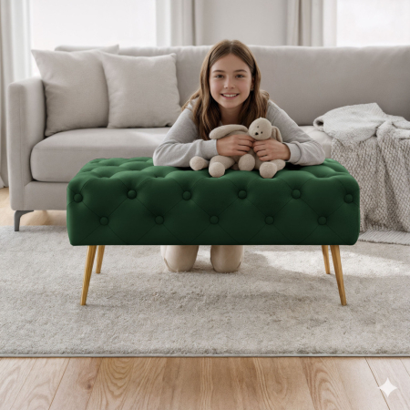 Taburet Madrid, tapitat cu catifea, tip banca, cu picioare metalice, 80x42x41 cm, verde [6]