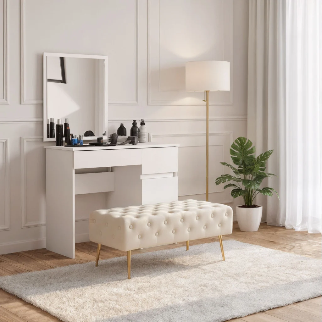 Taburet Monaco, tapitat cu catifea, tip banca, cu picioare metalice, 100x42x41 cm, bej [5]