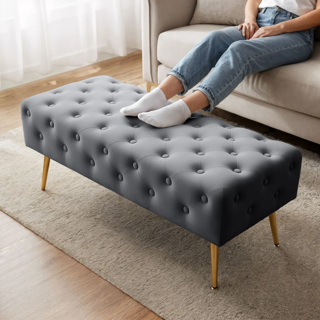 Taburet Monaco, tapitat cu catifea, tip banca, cu picioare metalice, 100x42x41 cm, gri [2]