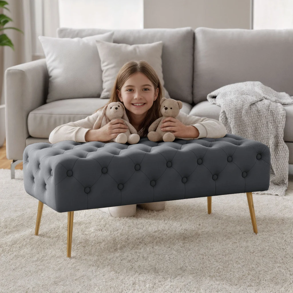 Taburet Monaco, tapitat cu catifea, tip banca, cu picioare metalice, 100x42x41 cm, gri [4]