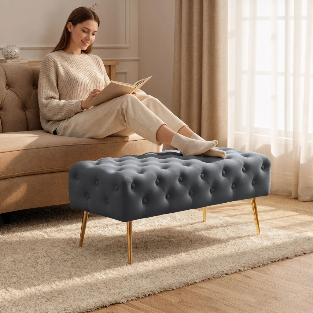 Taburet Monaco, tapitat cu catifea, tip banca, cu picioare metalice, 100x42x41 cm, gri [3]