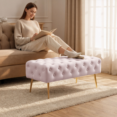 Taburet Monaco, tapitat cu catifea, tip banca, cu picioare metalice, 100x42x41 cm, roz pudra [3]